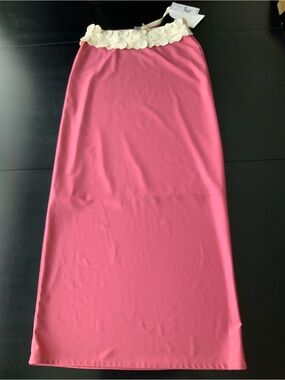 Bahia Maria swimsuit coverup skirt M Pink Maxi White Floral Waist Trim NWT